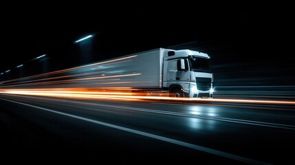 White semi-trailer truck driving on a highway at night with motion blur light trails