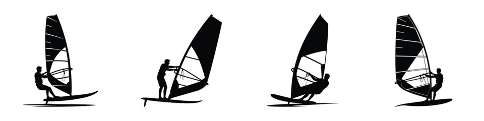 Silhouette of Windsurfer on Board – Windsurfing Vector Illustration, Extreme Water Sports, Summer Adventure, Ocean and Beach Recreation, Outdoor Lifestyle and Sea Sport Design © Parvez