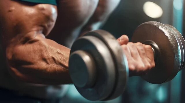 Close up of hands gripping a dumbbell during a bicep curl showcasing muscle tension and engagement set in a wei