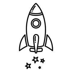 Space Rocket Launching Icon, simple black line art vector of a spaceship taking off with star trail, symbolizing startup, speed, and progress.