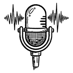 Retro studio microphone sketch with sound waves, black and white hand-drawn illustration for podcast or radio broadcast