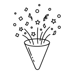 Confetti explosion icon in minimalist line art style, showing streamers and stars bursting from a party popper cone.
