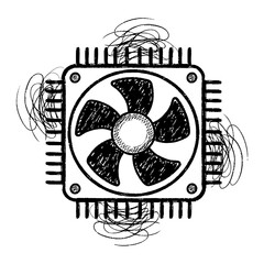 Grunge CPU Cooler Fan Icon Sketch. Distressed black and white vector illustration of computer processor heatsink hardware symbol for technology design.