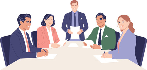 Set of professional business people sitting at a desk and having a meeting for corporate teamwork brainstorming and strategic planning flat vector illustration