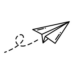 Paper airplane icon flying with dashed trail line art vector illustration isolated on white