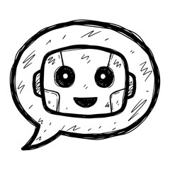 Hand drawn sketch of smiling robot face in speech bubble for AI chatbot concept