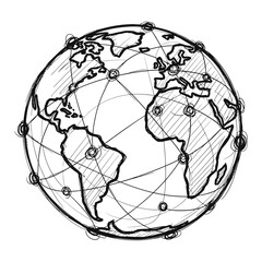 Hand drawn sketch of the global network on the Earth map, illustrating worldwide connectivity, internet, and communication technology.