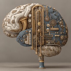 Conceptual artistic illustration of a brain made entirely from musical instruments