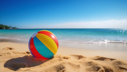 Obraz premium a colorful beach ball rests on golden sand with a serene blue ocean in the background embodying summer fun and relaxation