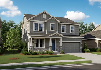 Obraz premium Modern Gray Two-Story Suburban House with Attached Garage