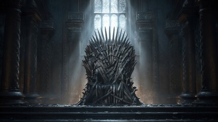 A majestic and formidable throne made of swords stands in a dark, grand hall, illuminated by dramatic light from a towering window.