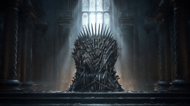 A majestic and formidable throne made of swords stands in a dark, grand hall, illuminated by dramatic light from a towering window.