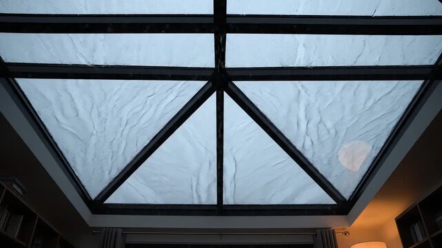 A view of a glass roof with a black metal frame, showing a cloudy sky through it