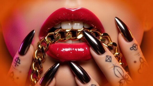 A striking close-up features glossy red lips dramatically clutching a chunky gold chain between teeth, perfectly complemented by sharp, metallic black fingernails and intricate finger tattoos, embodyi
