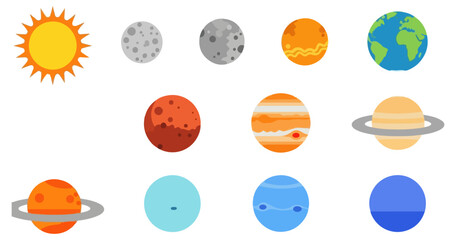 Solar system illustration with sun planets and moon on black background