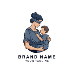 Mother Holding Blindfolded Child Illustration.