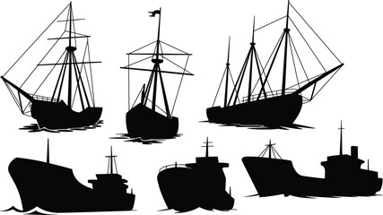 Ship silhouettes vector set, sailing vessels and cargo boats collection, black maritime transportation icons, vintage nautical illustration bundle design elements © Sarjina's World