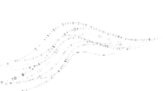 Abstract digital stream of binary code, 0 and 1, flowing in a wave pattern across a clean white background, representing data, technology, and information.