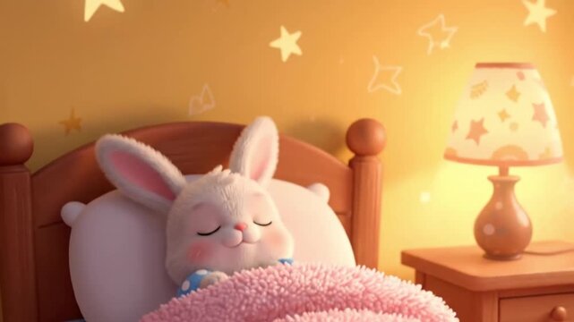 Cute Bunny Sleeping Peacefully in Cozy Children Bedroom with Starry Wall Art and Soft Lighting