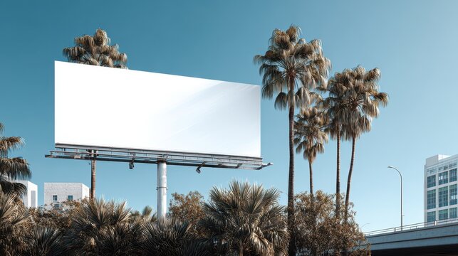 Blank billboard in Los Angeles with palm trees and buildings