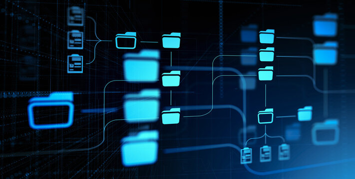 Glowing digital folders and documents in a virtual file structure interface on a blurred dark blue background, concept of data organization, 3D Rendering