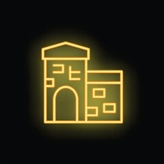 Naklejka premium Glowing yellow neon sign depicting a medieval castle with an arched entrance
