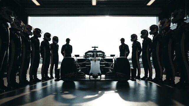 Formula One Racing Team Inspecting Car.