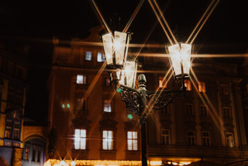 Old street lantern in European Prague old town as travel destination at night