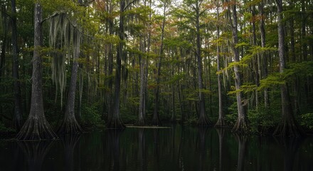 Fototapeta premium Humid, dense woodland landscape featuring towering cypress trees draped with long strands of hanging Spanish moss above dark, still water ,green ,reflection ,cypress