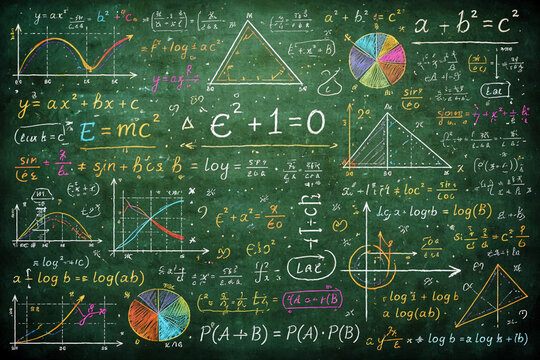 Mathematik Collage aus Zahlen, Formeln, Diagrammen und geometrischen Figuren