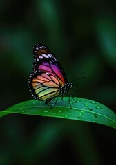Naklejka premium A stunning monarch butterfly with iridescent wings shimmering in all colors of the spectrum, resting gently on a vibrant green leaf ,flight ,butterfly ,summer