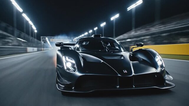 Racing Car Speeding on Track at Night.