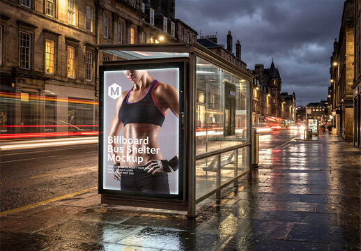 Billboard Bus Shelter In European City at Night Mockup