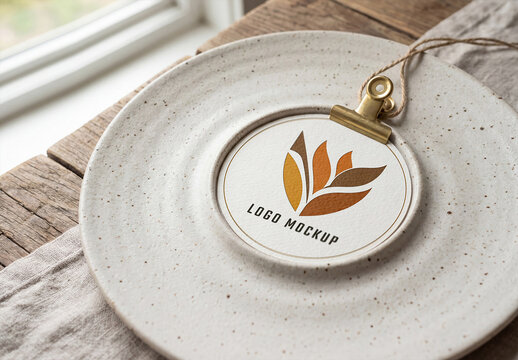 Printed Logo on Paper in a Ceramic Plate Mockup
