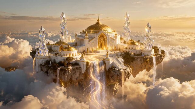 Fantasy scene with white heaven city with golden temples and energy waterfalls, floating above the sky. The realm of Gods