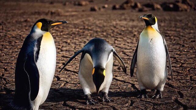 Penguins Interact, Bow, and Observe on Cracked Earth.