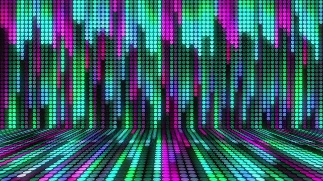 eamless VJ loop with glowing LED dots equalizer and mirror reflections for high-tech club visuals, electronic music festivals, stage screens and for LED video walls