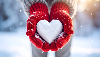 Fototapeta premium Handmade heart from snow held by red mittens representing winter romance on Valentine's day holiday
