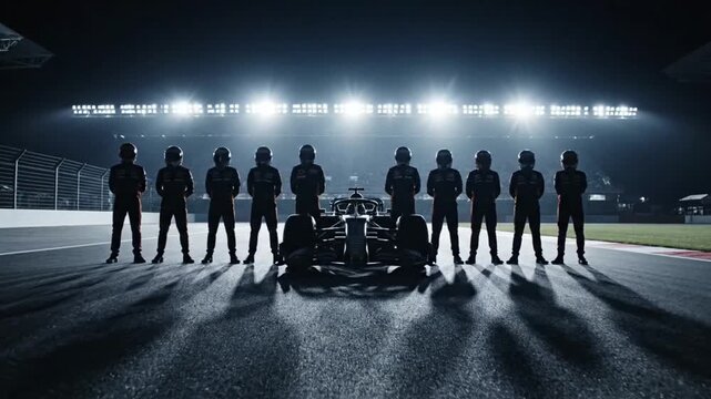 Racing Team Standing Around Formula Car Night.