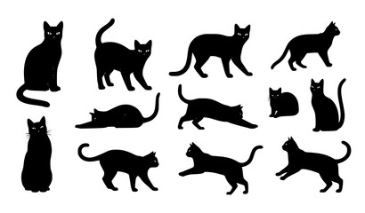 Black cat vector clipart set of cute feline silhouettes isolated on transparent background © MdRoni