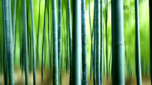 Abstract bamboo forest with green leaves and blurred background, nature scene.