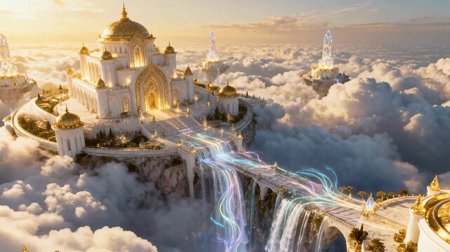 Fantasy scene with white heaven city with golden temples and energy waterfalls, floating above the sky. The realm of Gods