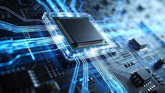 Computer chip with glowing blue circuit lines