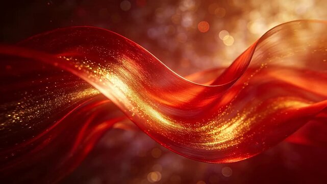 Red ribbon with golden sparkles on warm background