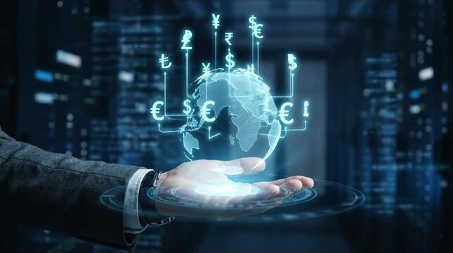 Global Digital Finance & Cryptocurrency Exchange: Hand Holding Holographic Earth with Currency Symbols