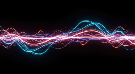 Fototapeta premium Dynamic digital abstract background showing flowing electric light trails creating a rhythmic pulse and high energy wave patterns ,neon ,line ,electric
