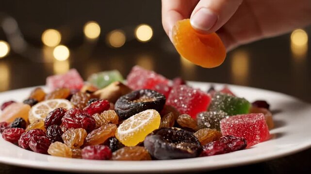 Hand picks dried fruit from healthy snack mix.