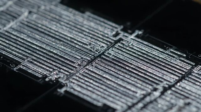 Extreme close-up of a microchip reveals intricate circuitry and metallic lines.  The detailed structure suggests advanced technology and precision engineering.