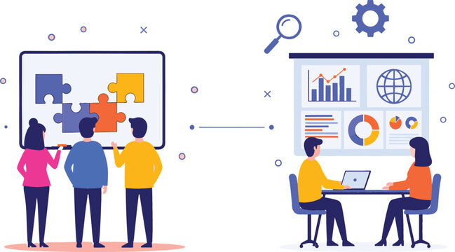 Business team collaboration on puzzle strategy and data analysis