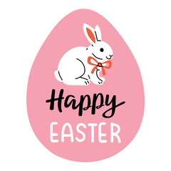 Fototapeta premium Cute Easter vector illustration of a white bunny with a bow inside a pink egg and Happy Easter lettering. Flat cartoon design isolated on white background, perfect for cards, prints, kids design and h